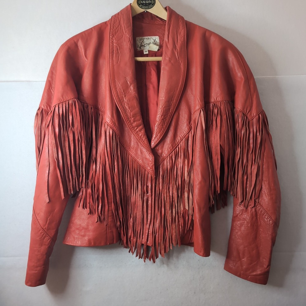 Vintage Leathers by Lomeli Red Leather Fringe Western Jacket 80s Boho Medium